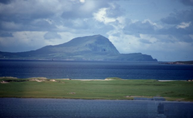 The unmistakable profile of Clare Island looking west from the mainland.This island sits at the western entrance to the bay.