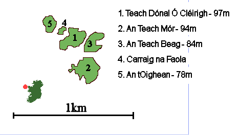 1 - Teach Dnal  Clirigh, 2 - An Teach Mr, 3 - An Teach Beag, 4 - Carraig na Faola, 5 - An tOighean